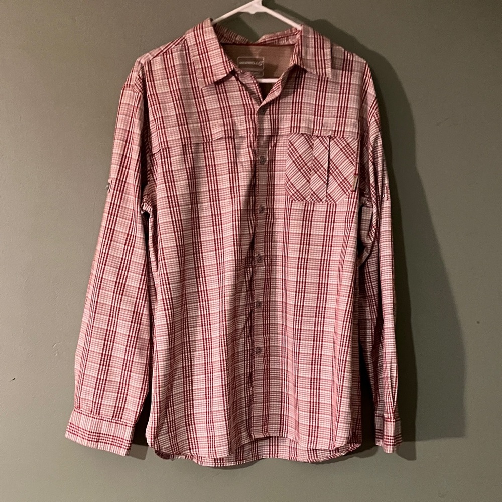 Men's Merrell Button Down Shirt Burgundy Stripped Large